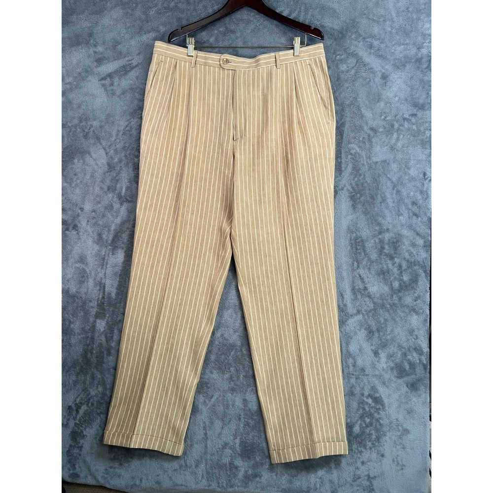 Zanella Bennett Pants Mens 40 38x34.5 Striped Linen Cotton Pleated Cuffed Italy